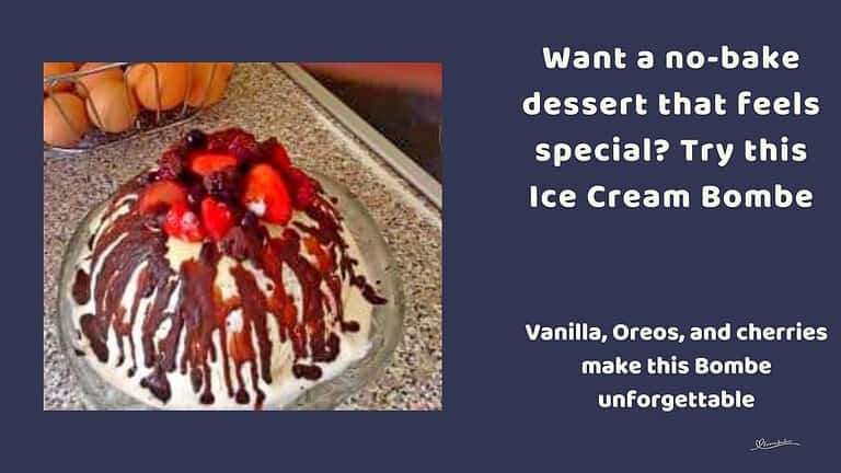 an image of an Ice Cream Bombe with chocolate drizzle and topped with strawberries