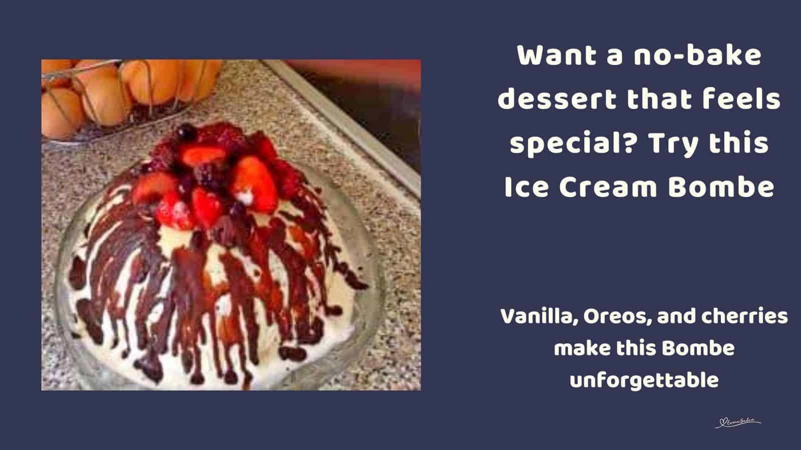 an image of an Ice Cream Bombe with chocolate drizzle and topped with strawberries