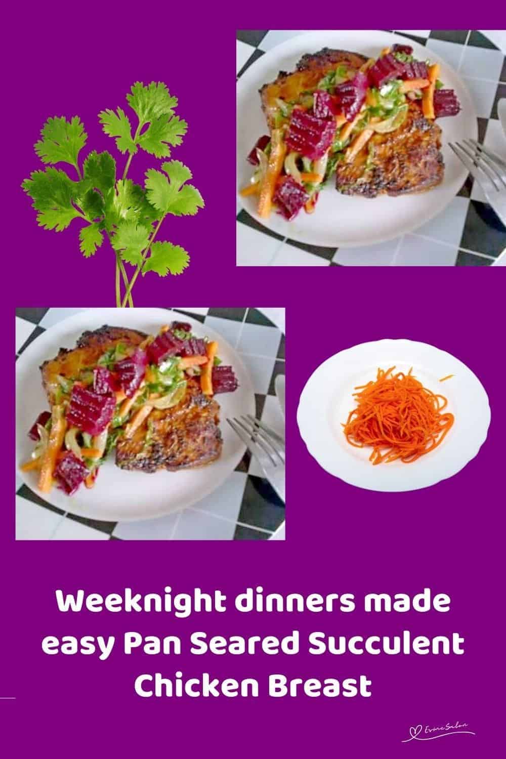 an image of Pan Seared Succulent Chicken Breast on a white plate