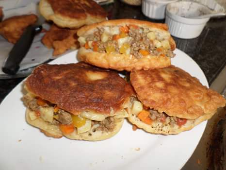 Vetkoek with curried mince