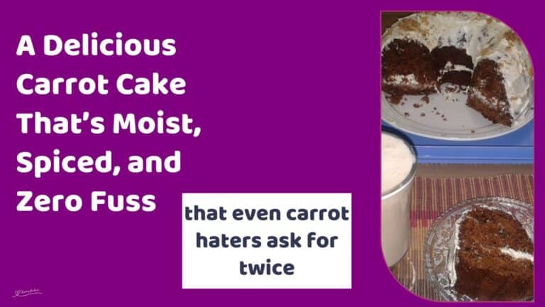 an image of a Delicious Carrot Cake on a white serving plate with a sliced on the side