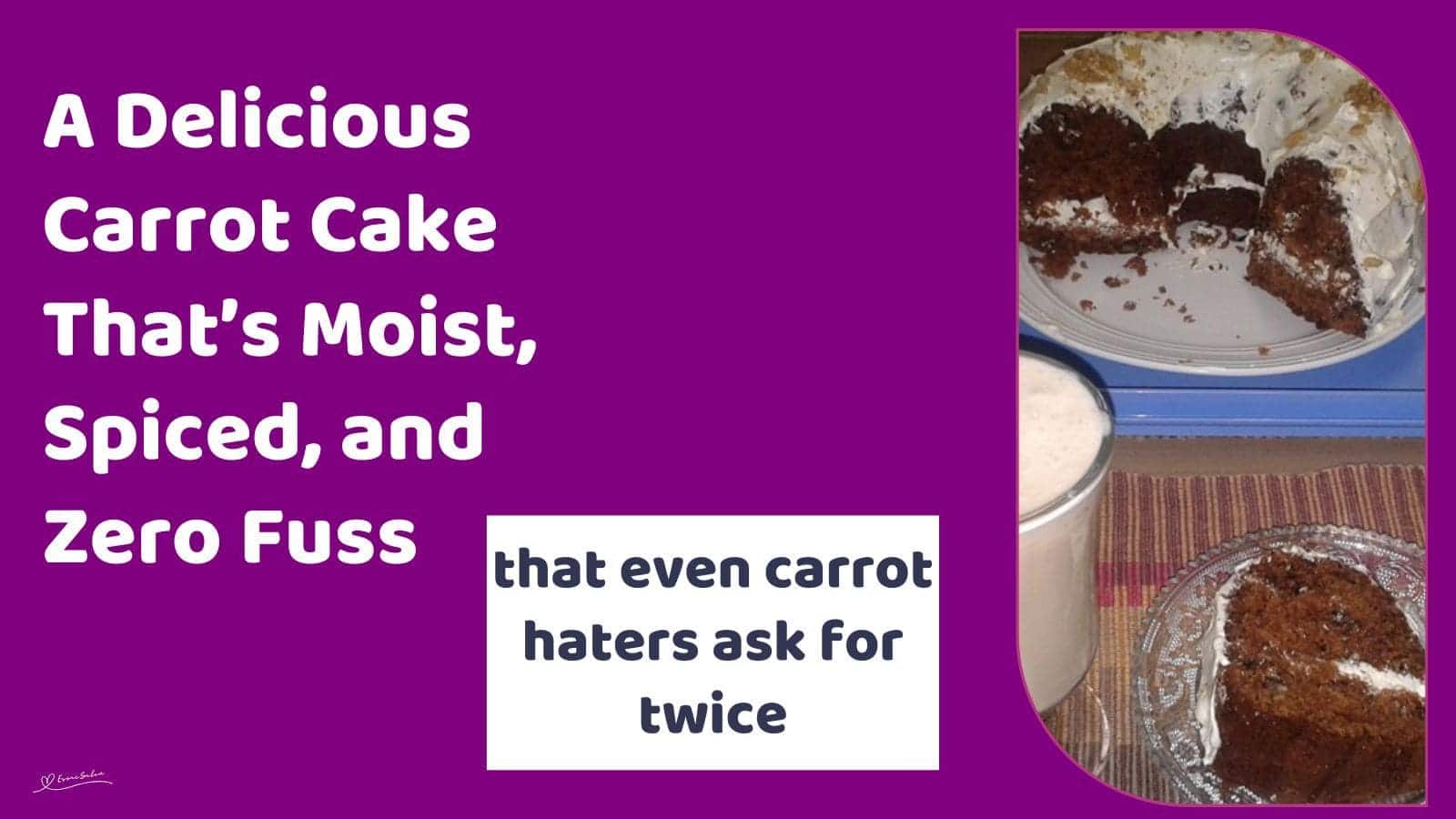 an image of a Delicious Carrot Cake on a white serving plate with a sliced on the side