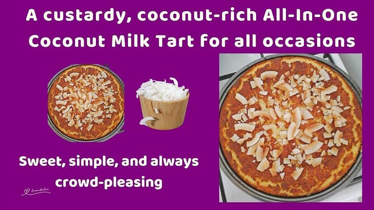 an image of a round All-In-One Coconut Milk Tart decorated with coconut shavings