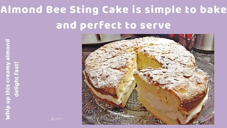 an image of a Bee Sting Cake with a slice cut and topped with flaked almonds