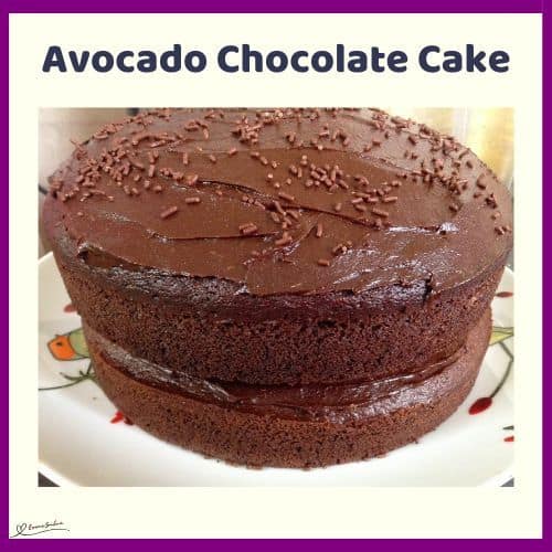 an image of an Avocado Chocolate Cake with Avocado frosting and chocolate sprinkles