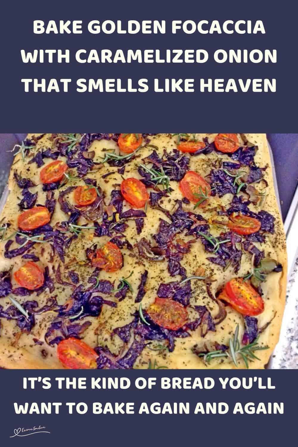 an image of Golden Focaccia with Caramelized Onion topped with tomatoes