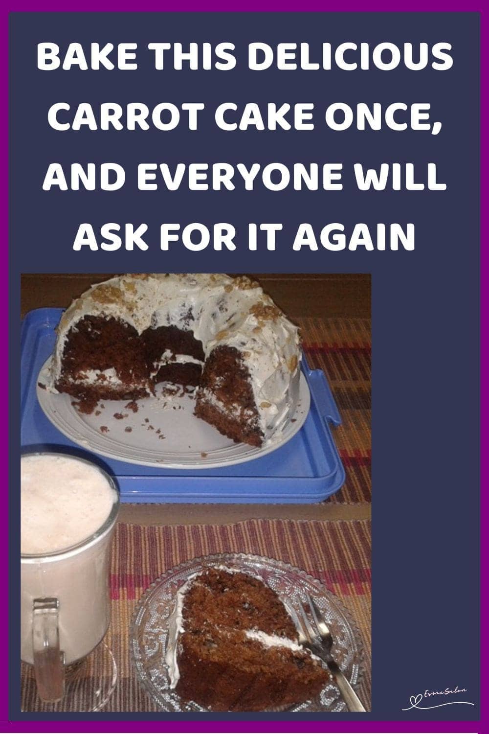 an image of a Delicious Carrot Cake on a white serving plate with a sliced on the side