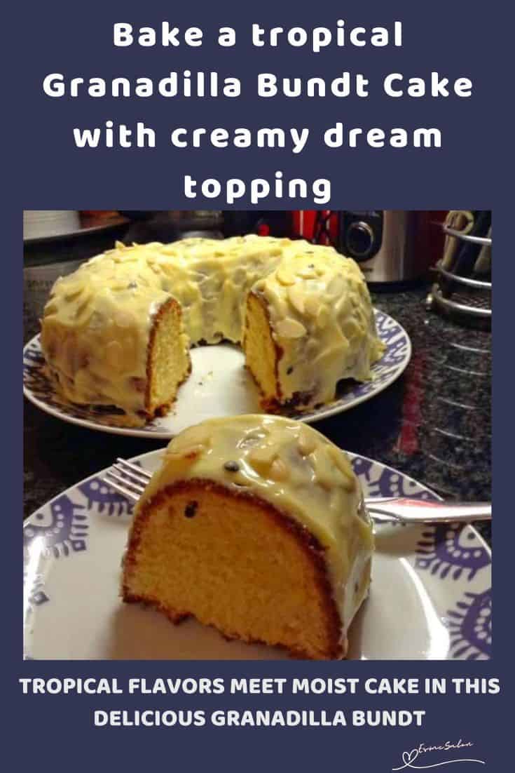 an image of a Granadilla Bundt Cake with a slice on a serving plate with a cake fork