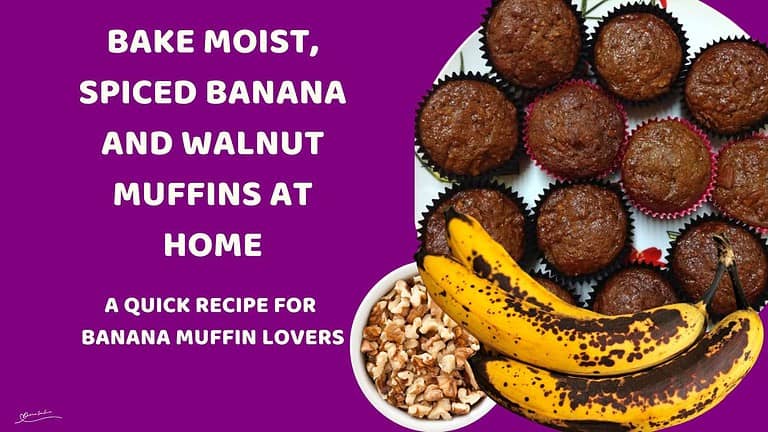 an image of a white serving dish with 11 Banana and Walnut Muffins in paper cupcake holders