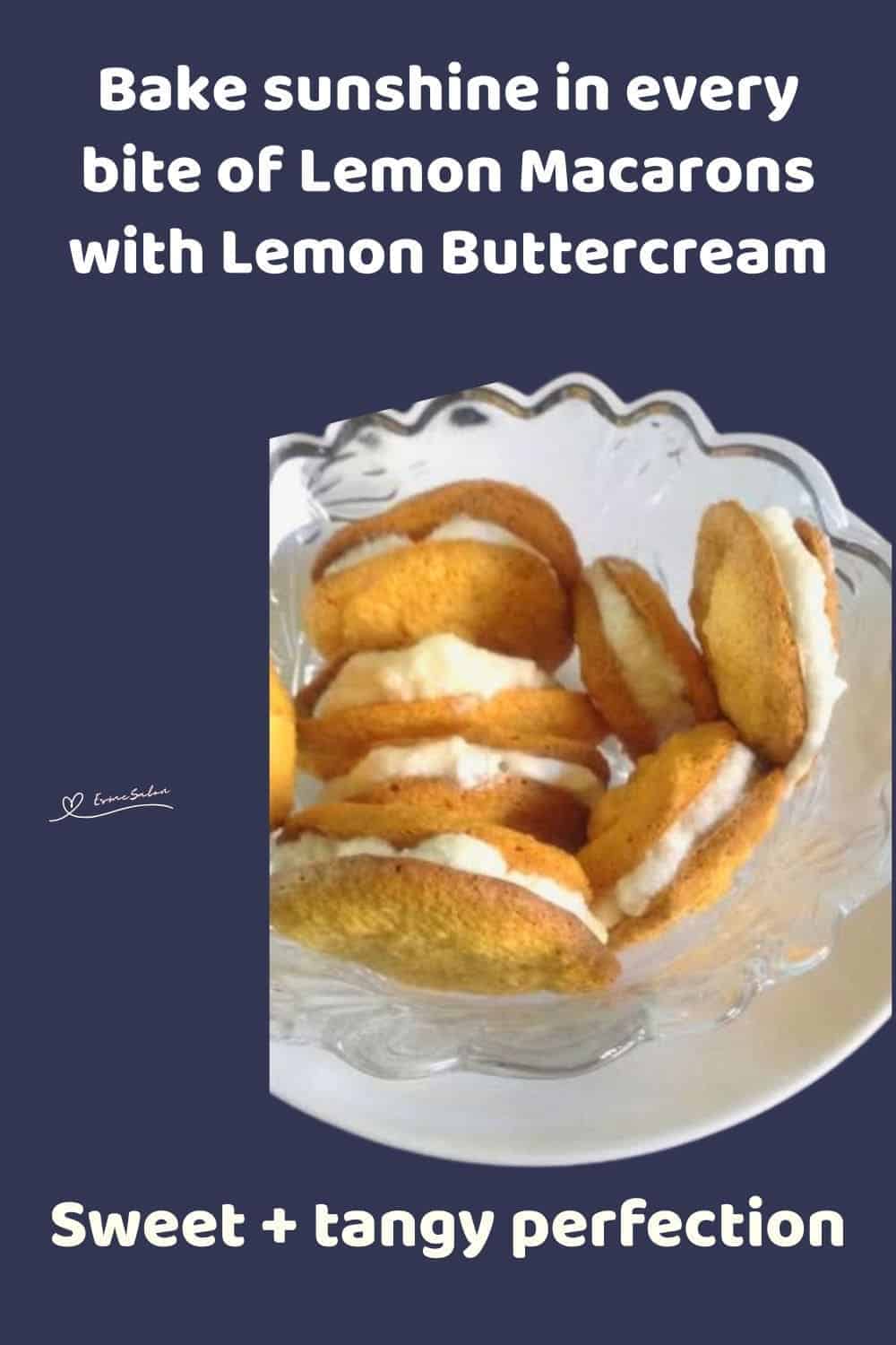 an image of Lemon Macarons with Lemon Buttercream in a glass dish on a white saucer