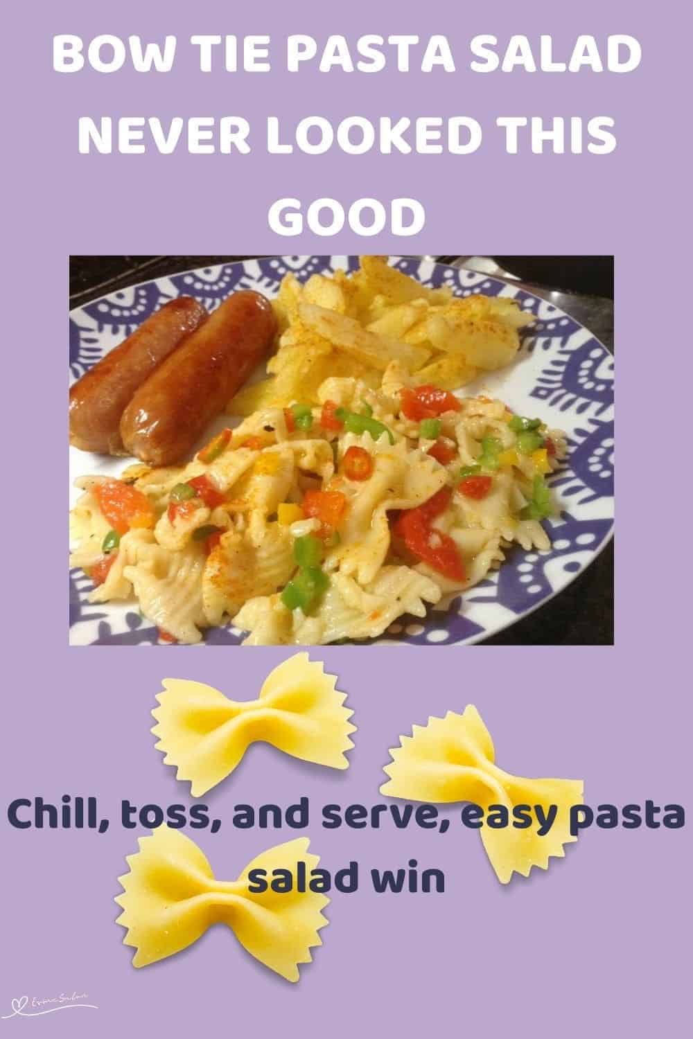 an image of a plate with Pasta Salad, grillers on the side