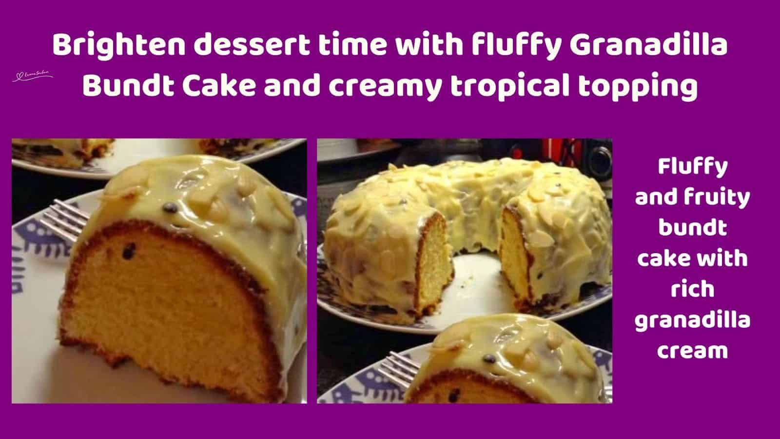an image of a Granadilla Bundt Cake with a slice on a serving plate with a cake fork