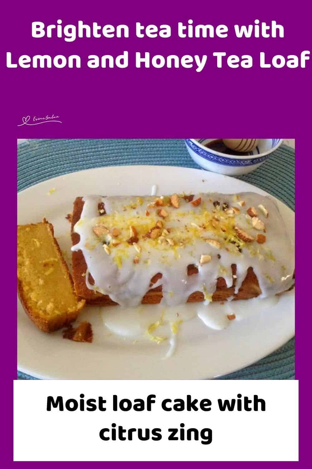 an image of a Lemon and Honey Tea Loaf with lemon drizzle and lemon rind