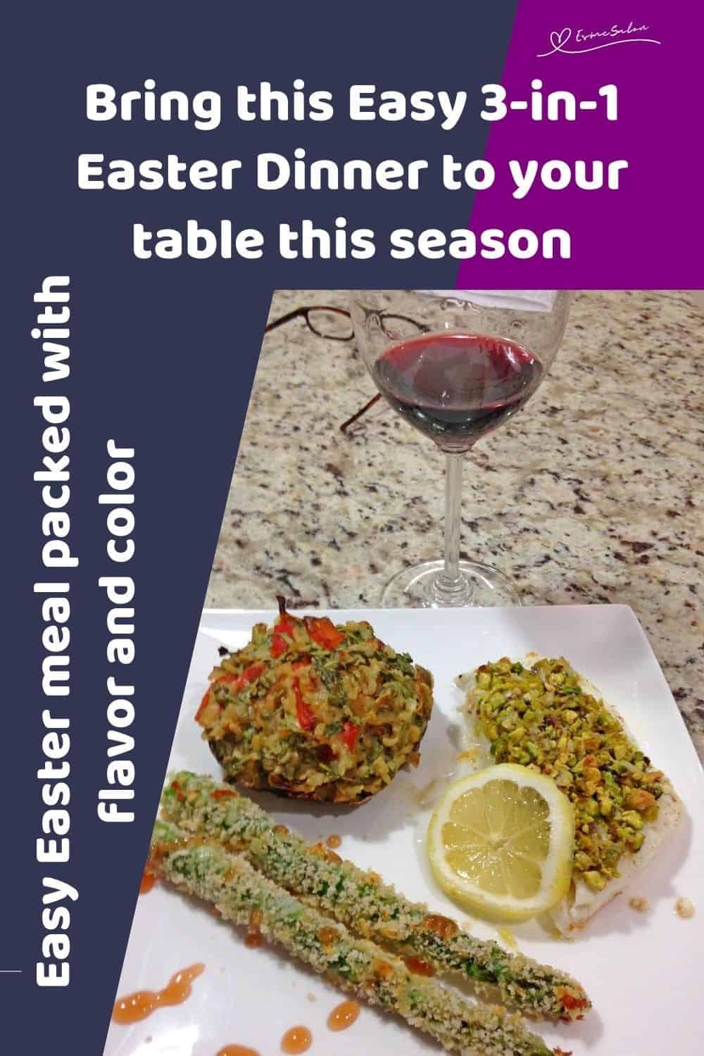 an image of a Easy 3-in-1 Easter Dinner with pistachio halibut, stuffed mushrooms, and asparagus fries