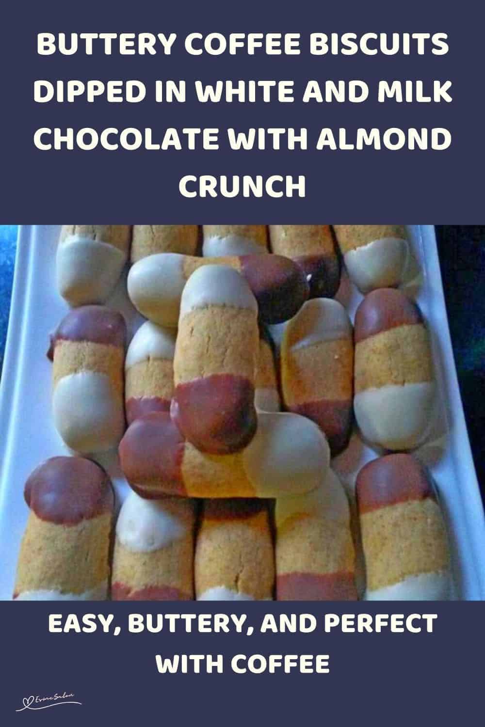 an image of log shaped Coffee Biscuits dipped in white and brown chocolate