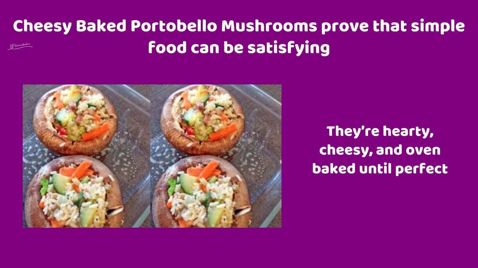 an image of 2 Cheesy Baked Portobello Mushrooms with rice and frozen veggies