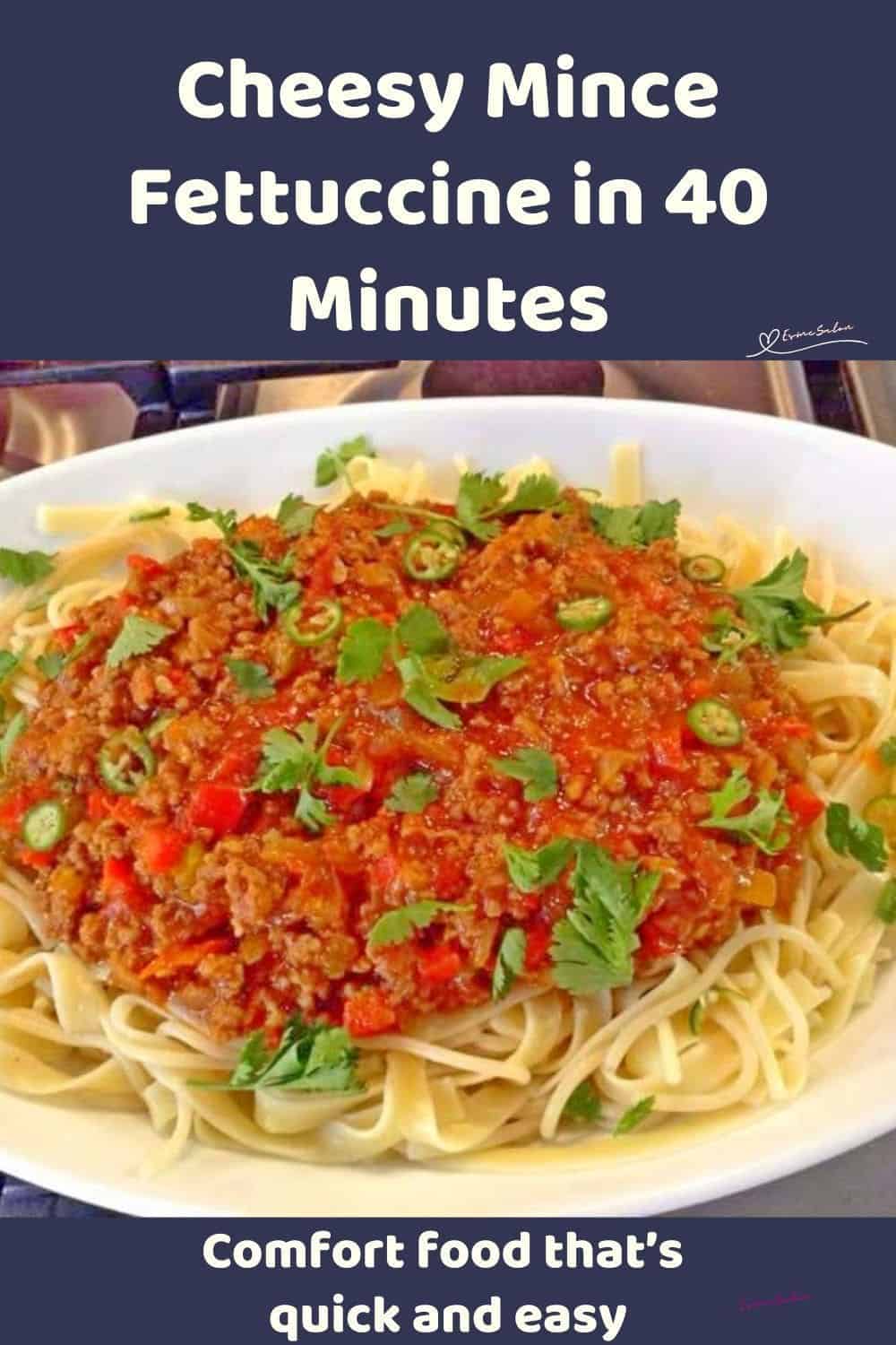 an image of a plate of Mince Fettuccine garnished with fresh parsley