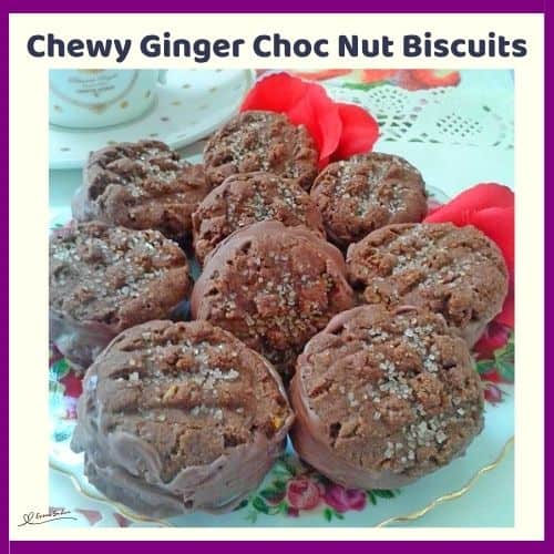 an image of 9 Chewy Ginger Choc Nut Biscuits on a serving platter