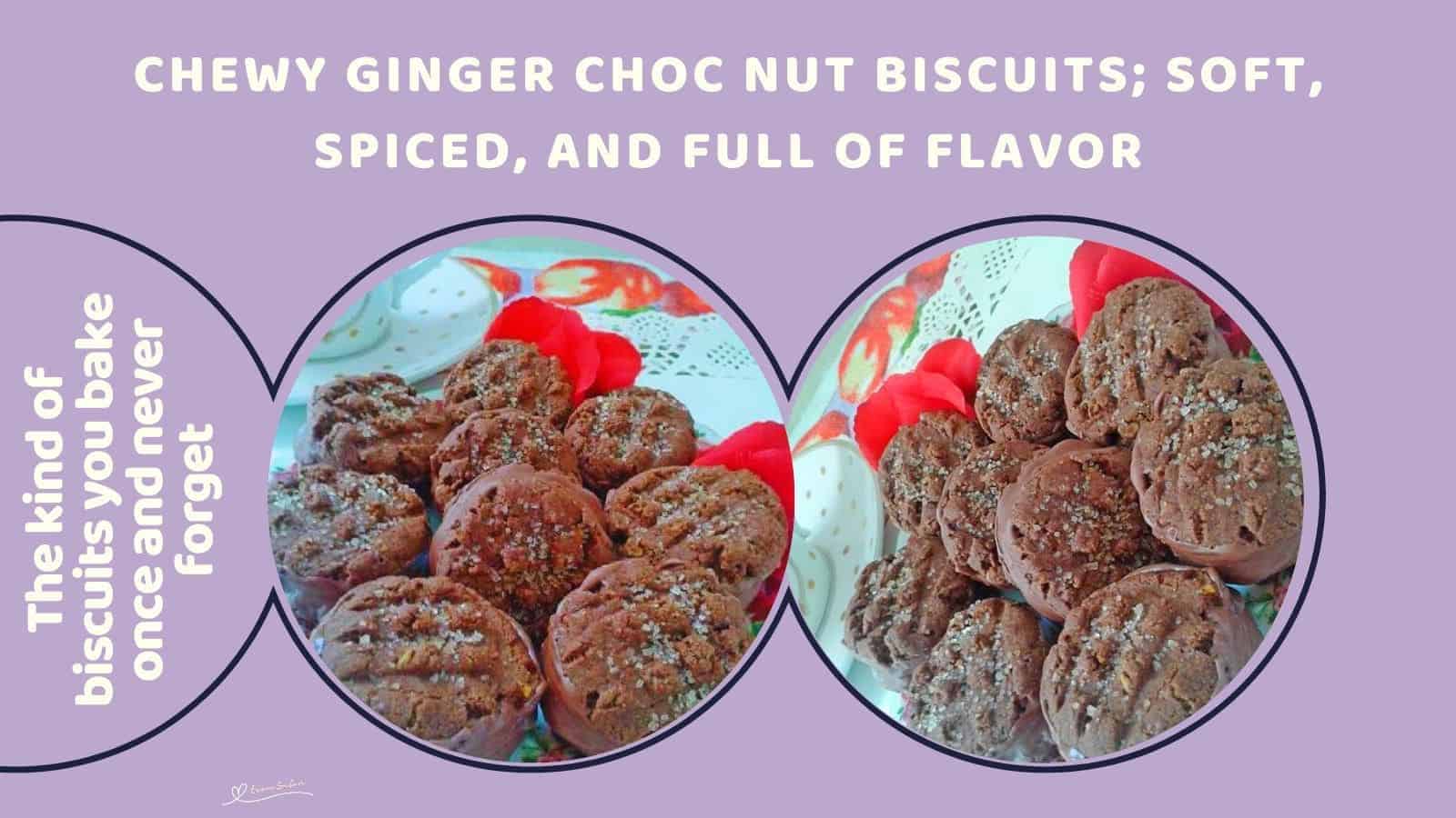 an image of 9 Chewy Ginger Choc Nut Biscuits on a serving platter