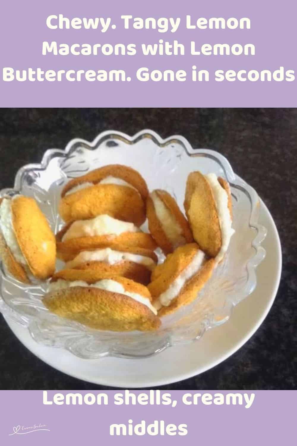 an image of Lemon Macarons with Lemon Buttercream in a glass dish on a white saucer