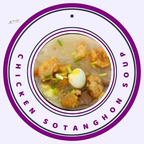 an image of a soup bowl with blue and maroon circles on the edge filled with Chicken Sotanghon Soup