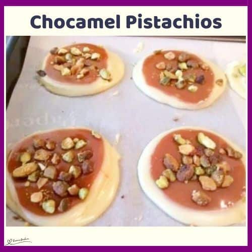 an image of Chocamel Pistachios, white chocolate with a toffee and crushed pistachio