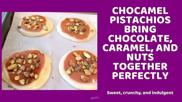 an image of Chocamel Pistachios, white chocolate with a toffee and crushed pistachio
