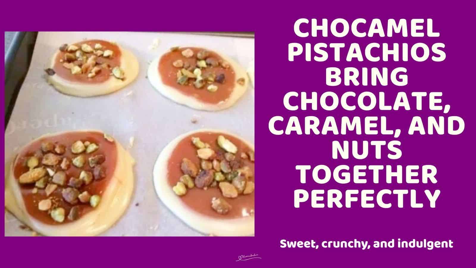 an image of Chocamel Pistachios, white chocolate with a toffee and crushed pistachio