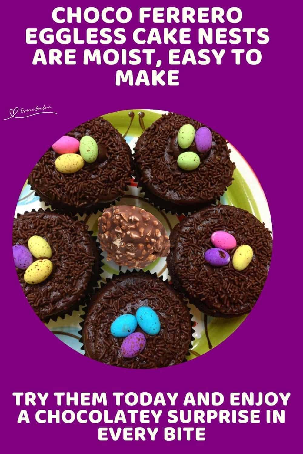 an image of Choco Ferrero Eggless Cake Nests decorated with colored mini eggs