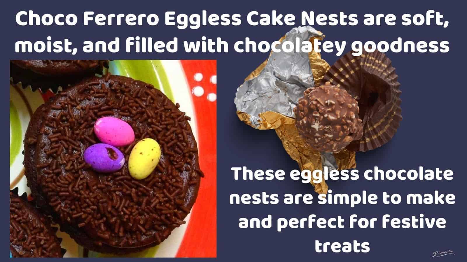 an image of Choco Ferrero Eggless Cake Nests decorated with colored mini eggs