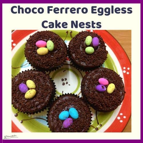 an image of Choco Ferrero Eggless Cake Nests decorated with colored mini eggs