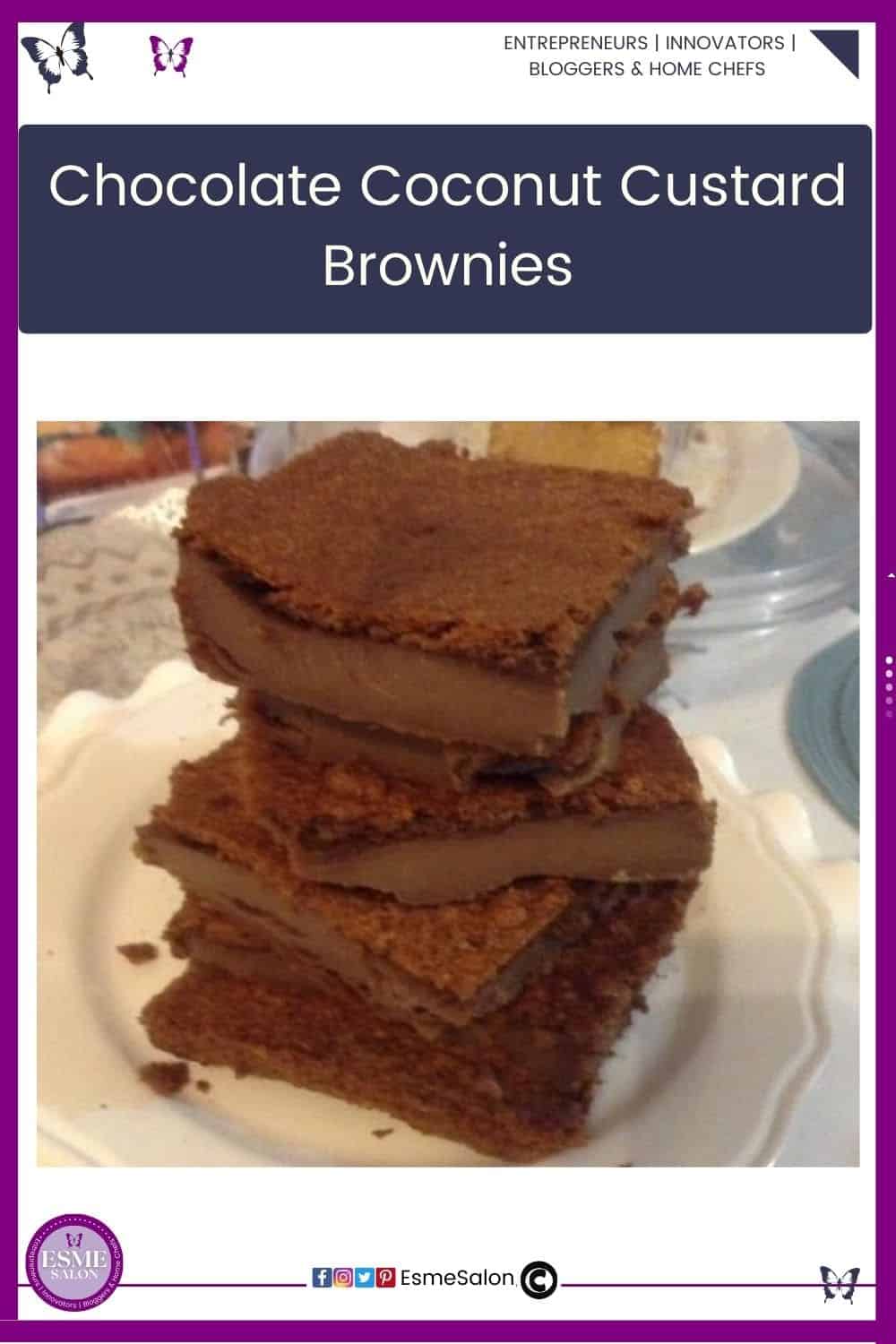 an image of a white serving plate pilled high with Chocolate Coconut Custard Brownies