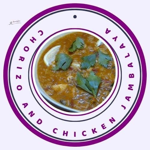 an image of a bowl of Chorizo and Chicken Jambalaya garnished with parsley