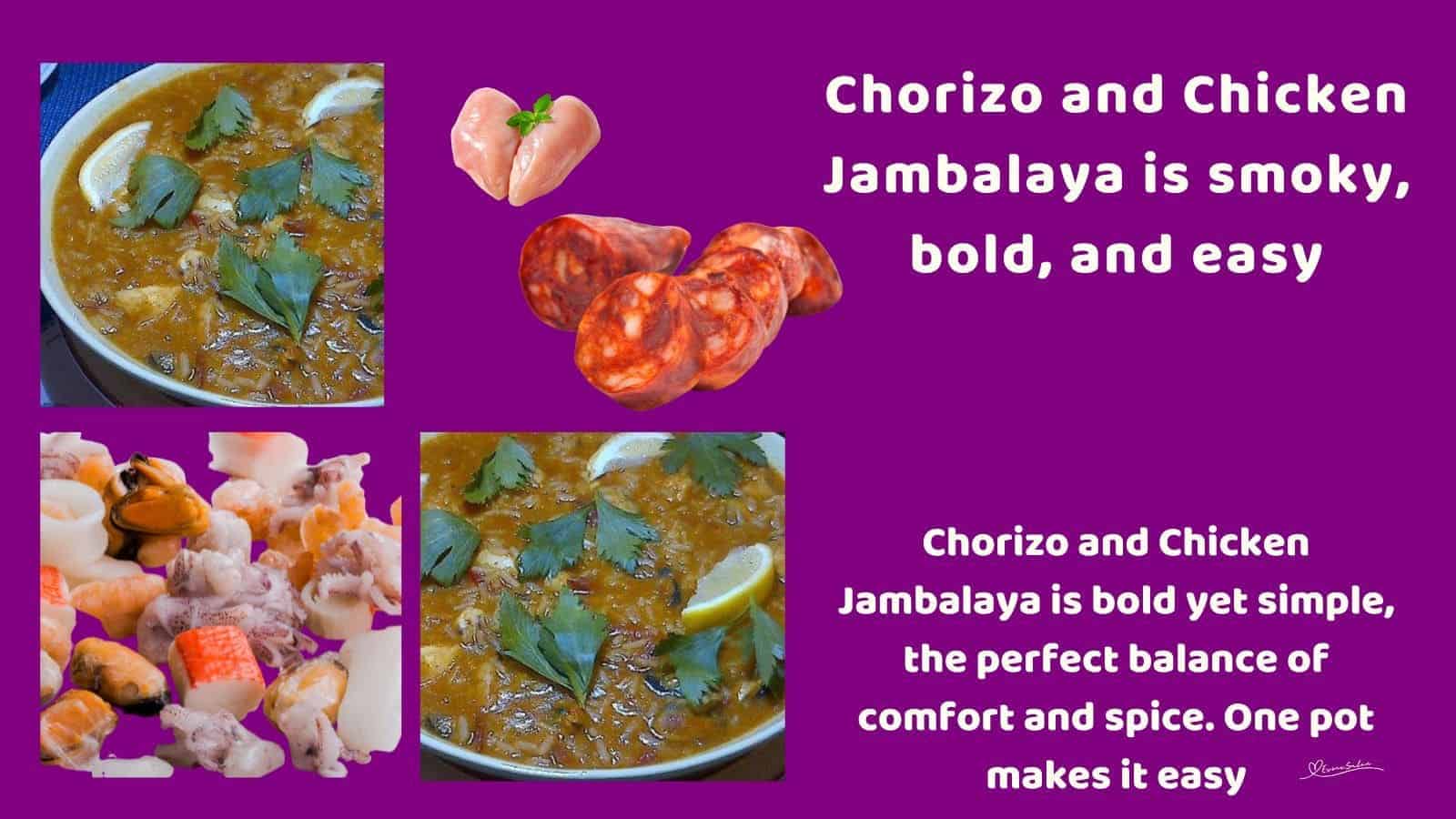 an image of a bowl of Chorizo and Chicken Jambalaya garnished with parsley