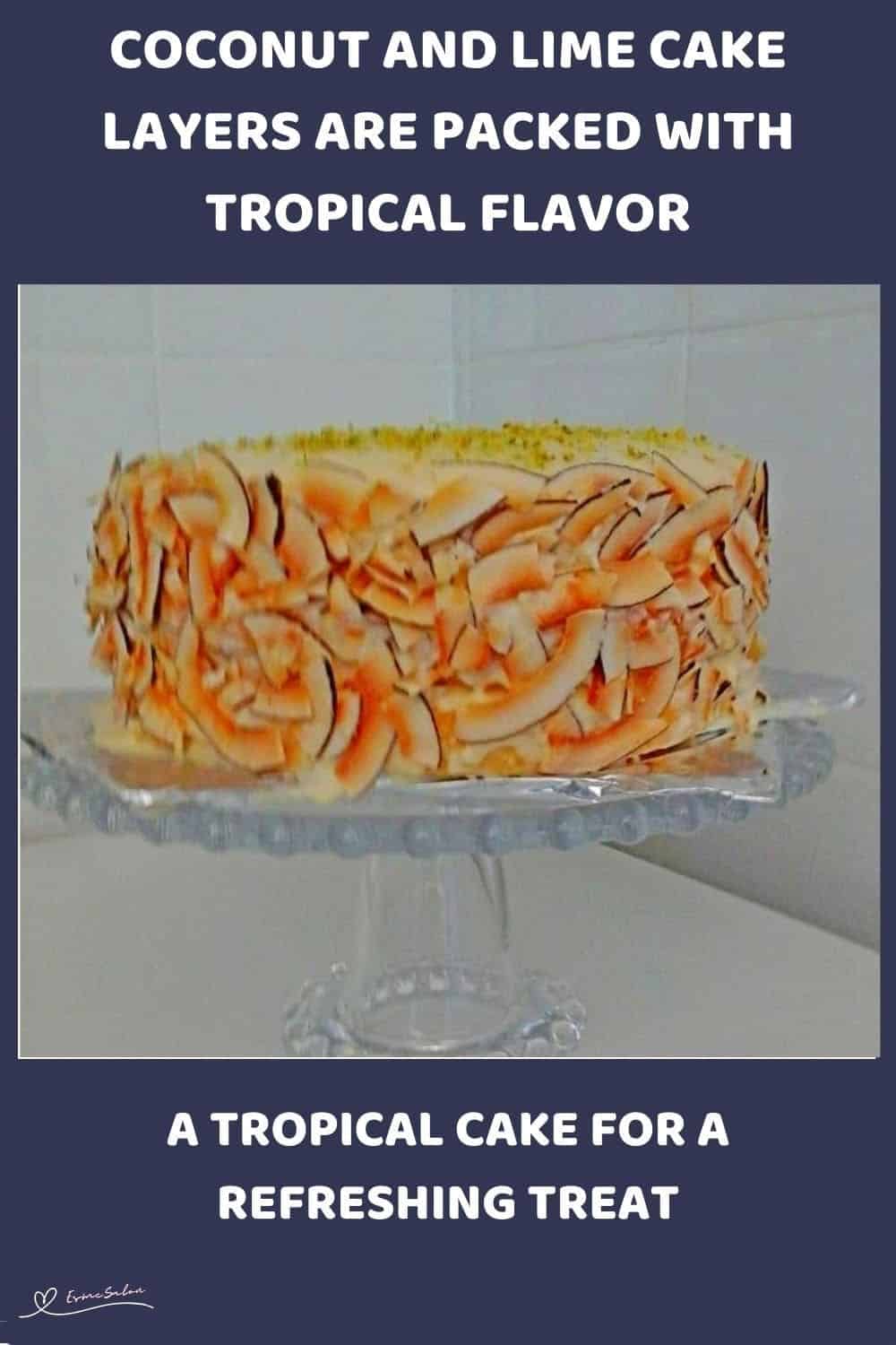 an image of a Coconut and Lime Cake on a glass pedestal cake stand