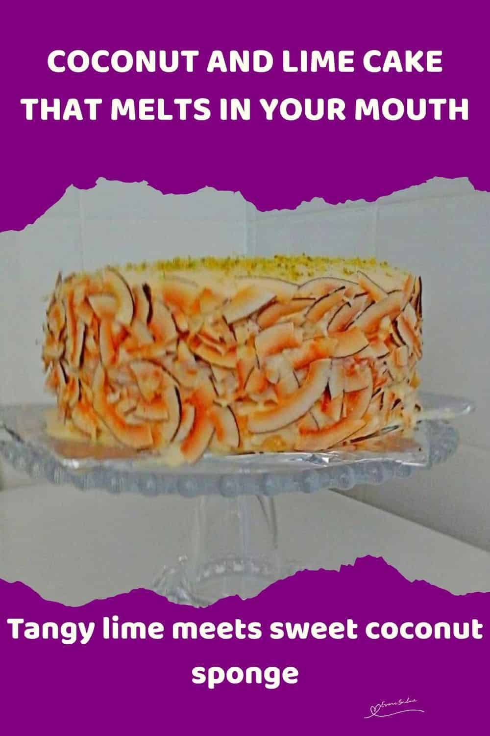 an image of a Coconut and Lime Cake on a glass pedestal cake stand