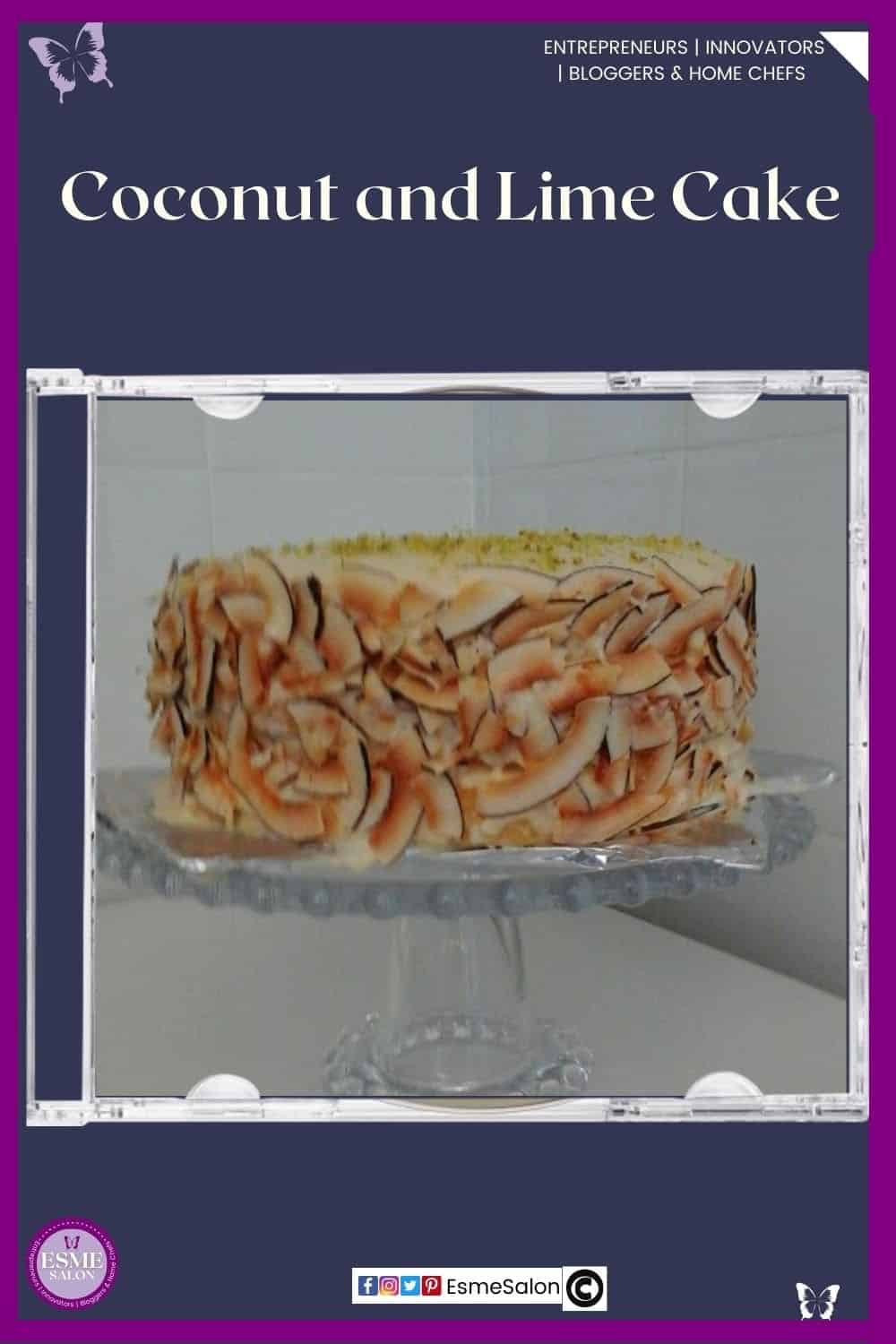 an image of a Coconut and Lime Cake with coconut slivers around the outside with grated lime on top on a cake stand