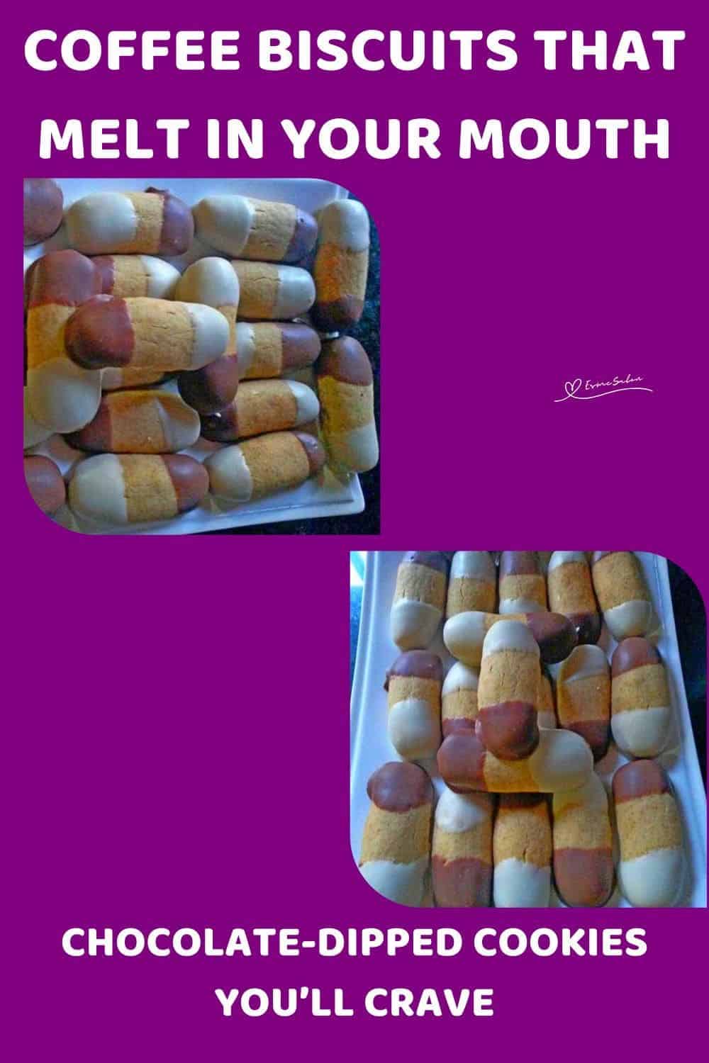 an image of log shaped Coffee Biscuits dipped in white and brown chocolate