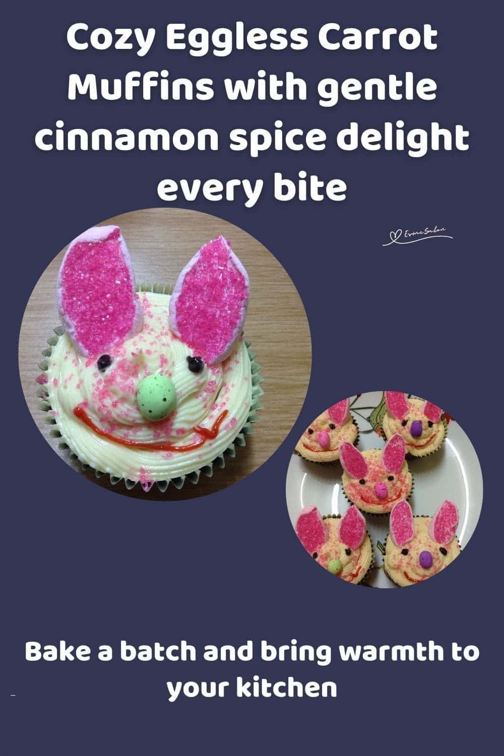 an image of Cozy Eggless Carrot Muffins decorated with bunny ears