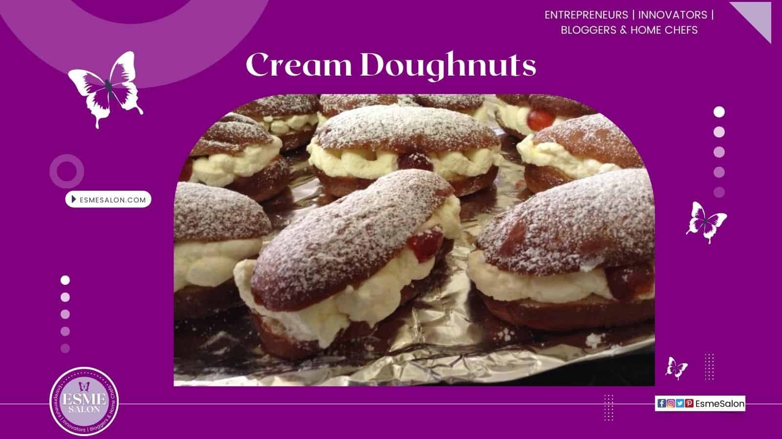 An image of a silver platter filled with Cream Doughnuts with cherries
