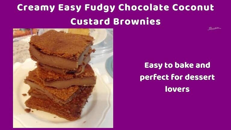 an image of 3 slices of Chocolate Coconut Custard Brownies stacked on a white plate