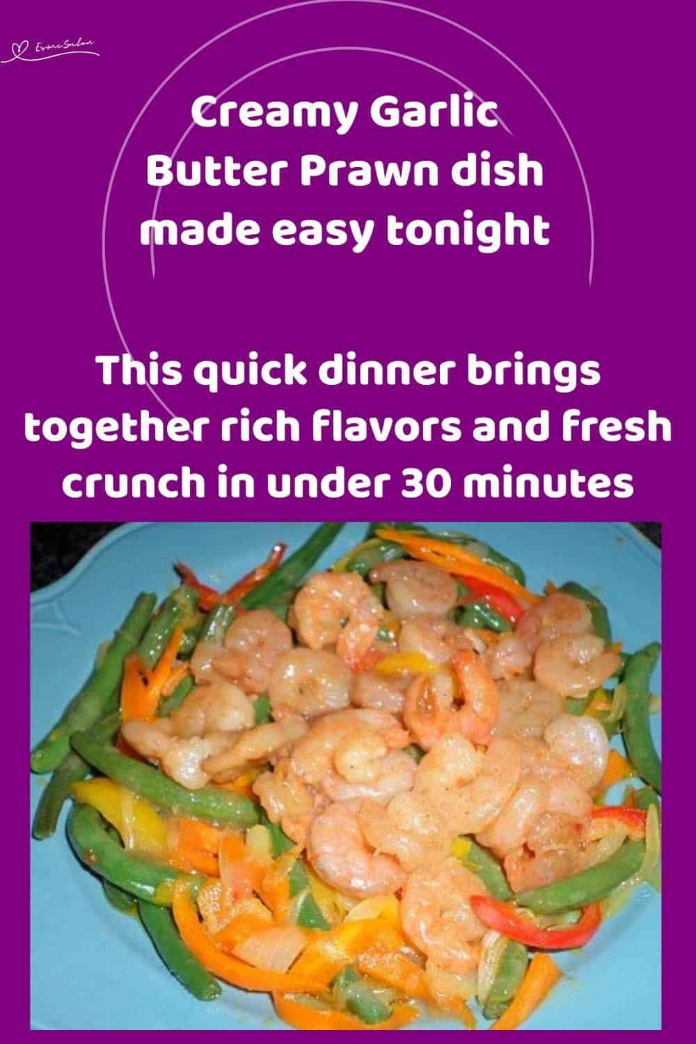 an image of Creamy Garlic Butter Prawns with veggies on a blue serving dish