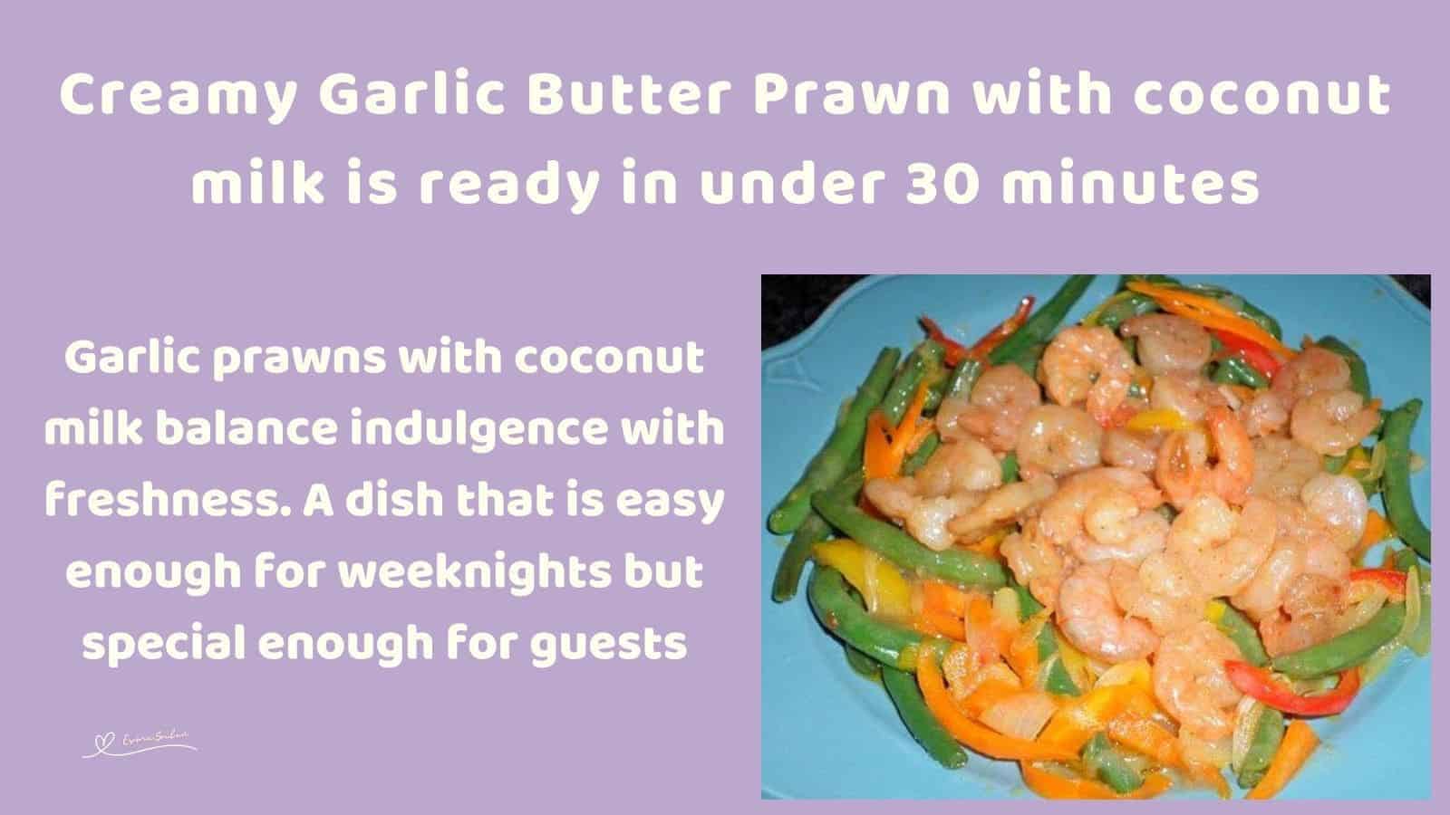 an image of Creamy Garlic Butter Prawns with veggies on a blue serving dish