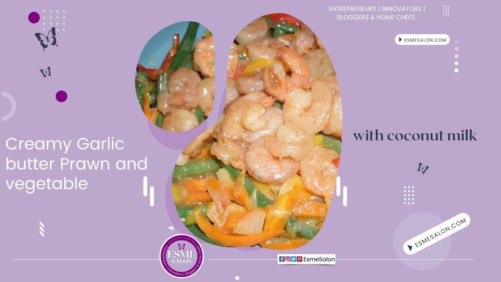 An image of a light blue plate with Creamy Garlic butter Prawn and vegetables