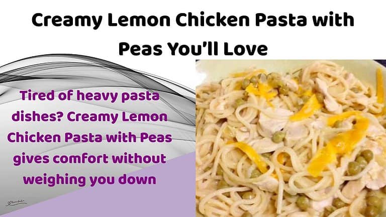 an image of Creamy Lemon Chicken Pasta with Peas in a white round dish