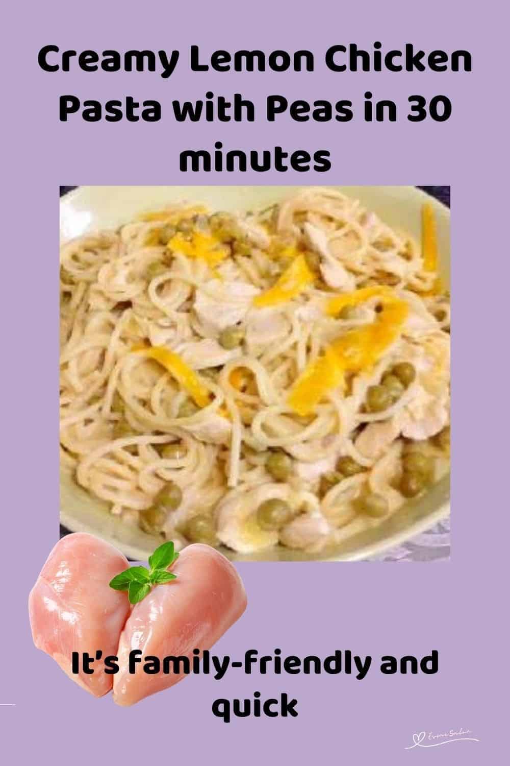 an image of Creamy Lemon Chicken Pasta with Peas in a white round dish