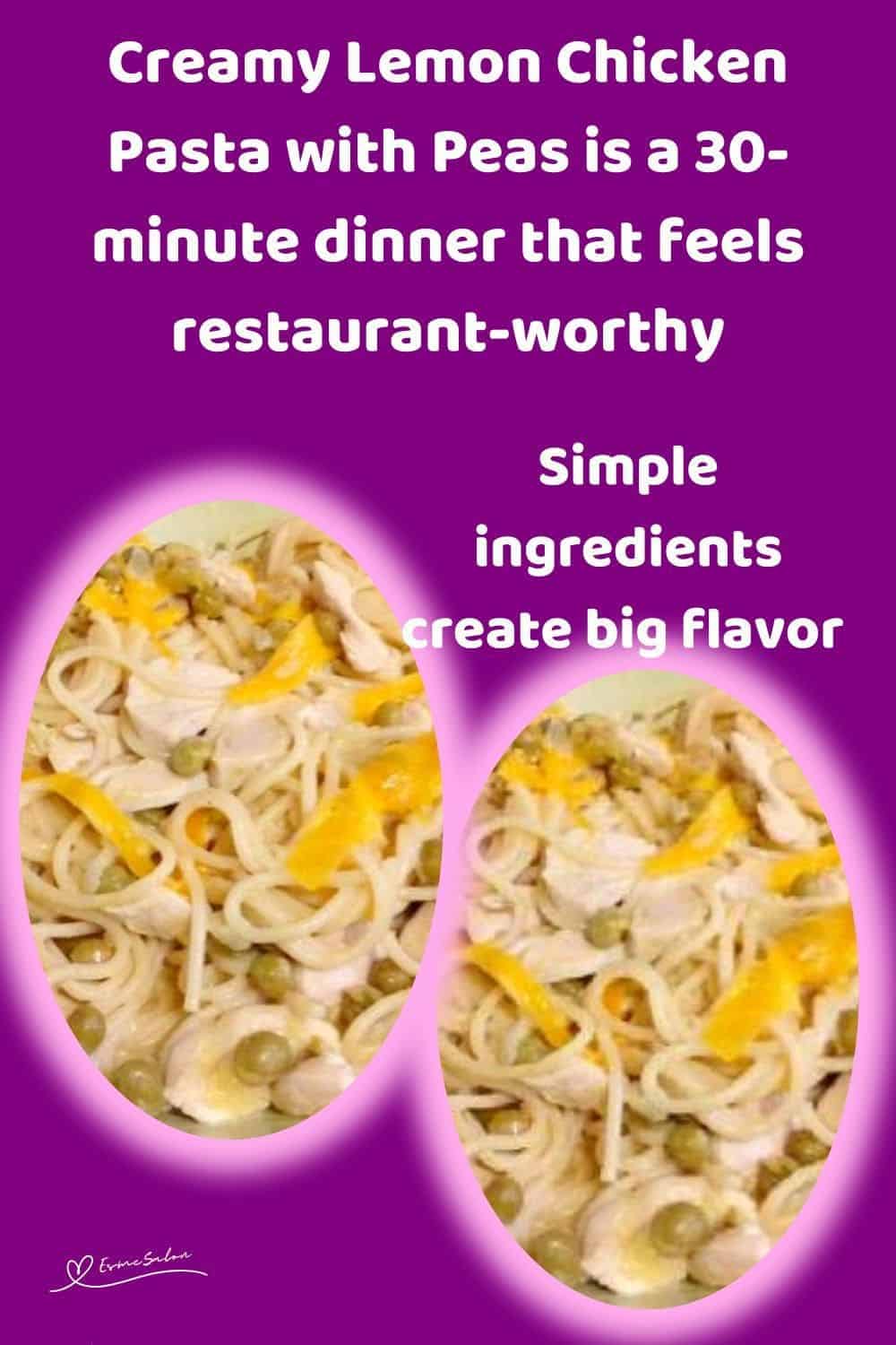 an image of Creamy Lemon Chicken Pasta with Peas in a white round dish