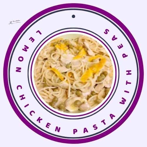 an image of Creamy Lemon Chicken Pasta with Peas in a white round dish