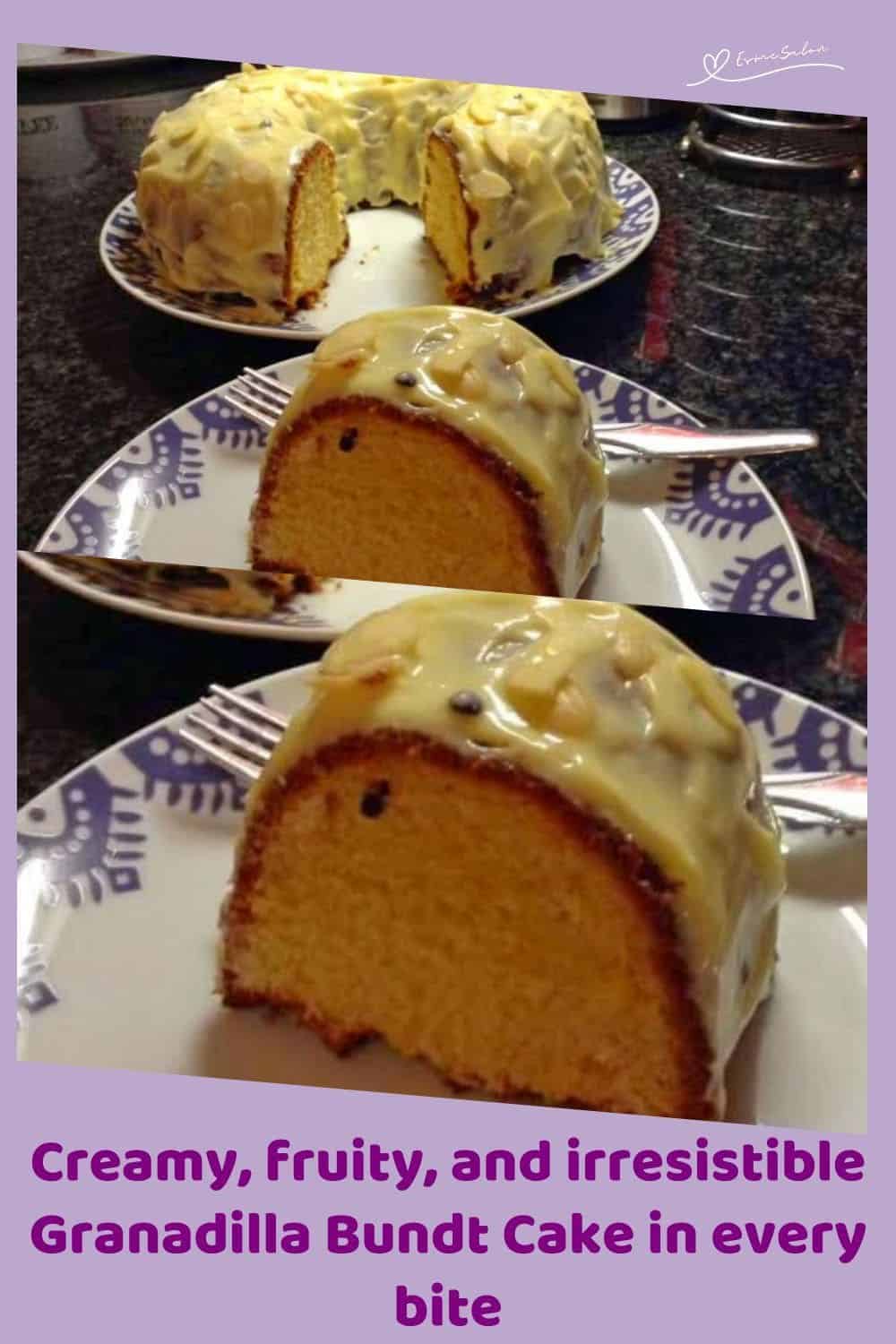 an image of a Granadilla Bundt Cake with a slice on a serving plate with a cake fork