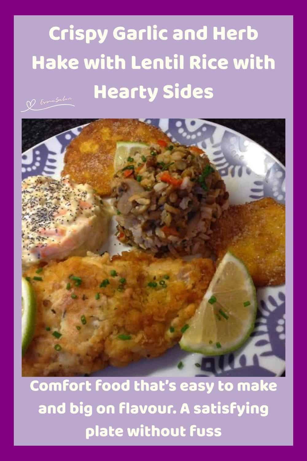 an image of Garlic and Herb Hake with Savoury Lentil Rice on a white and blue plate
